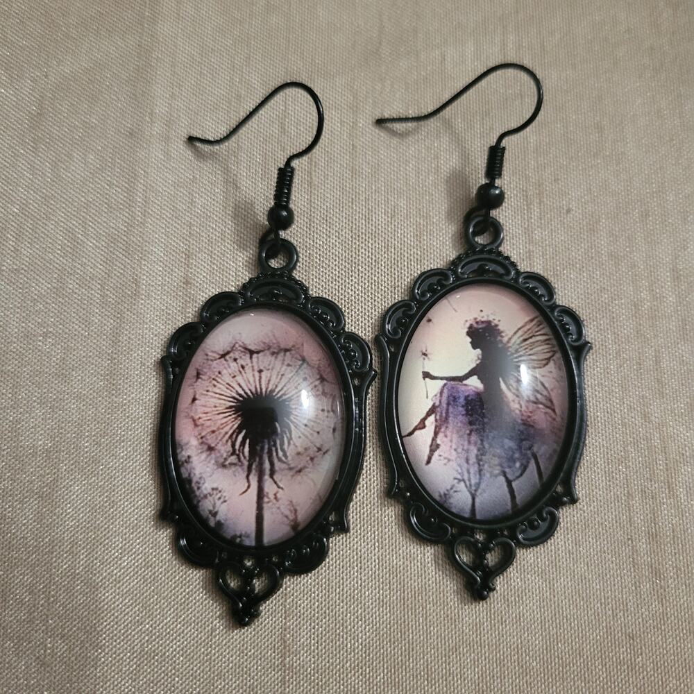 Black fairy & dandelion mismatch cameo hook earrings